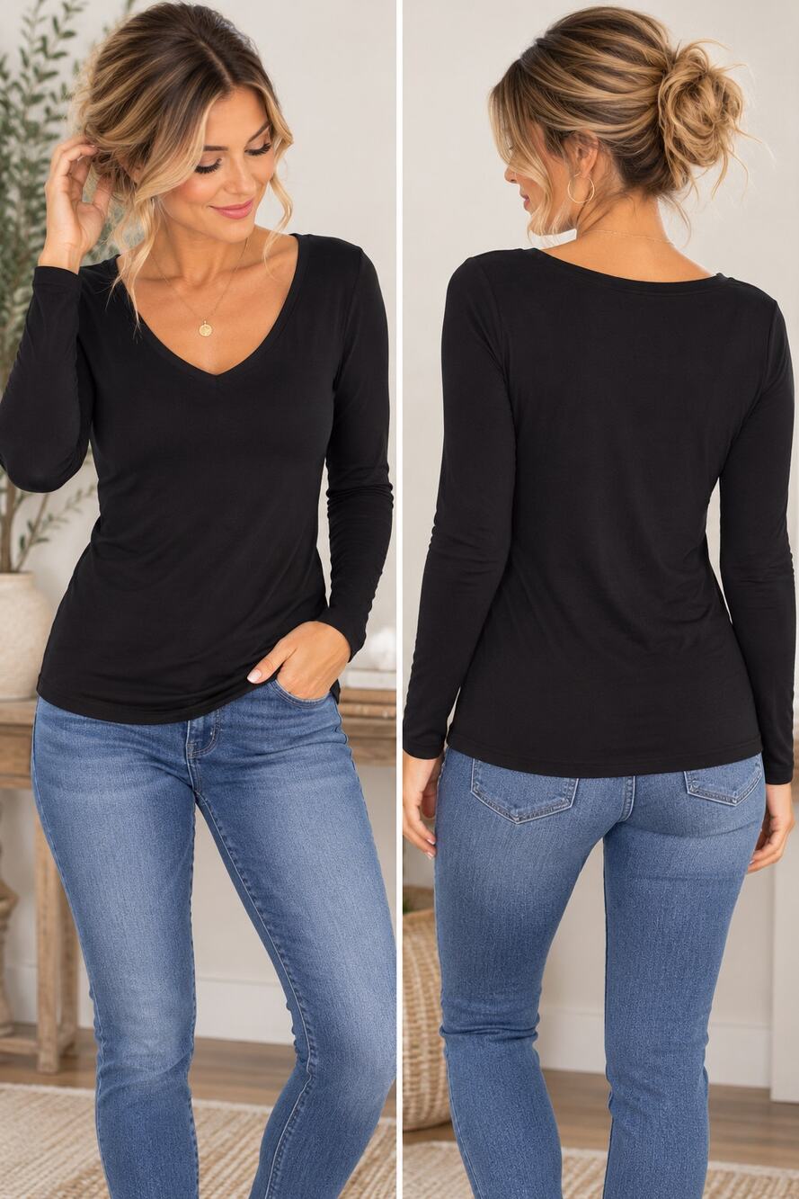 White House Black Market Black V Neck Long Sleeve Stretch Top Size S
